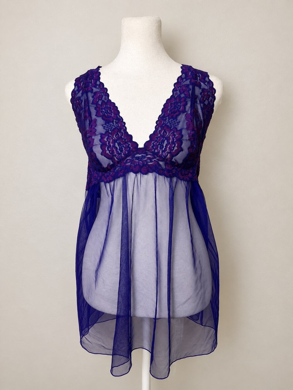Vintage Y2K Victoria’s Secret L Blue Purple Lace Sheer Babydoll Lingerie Halter